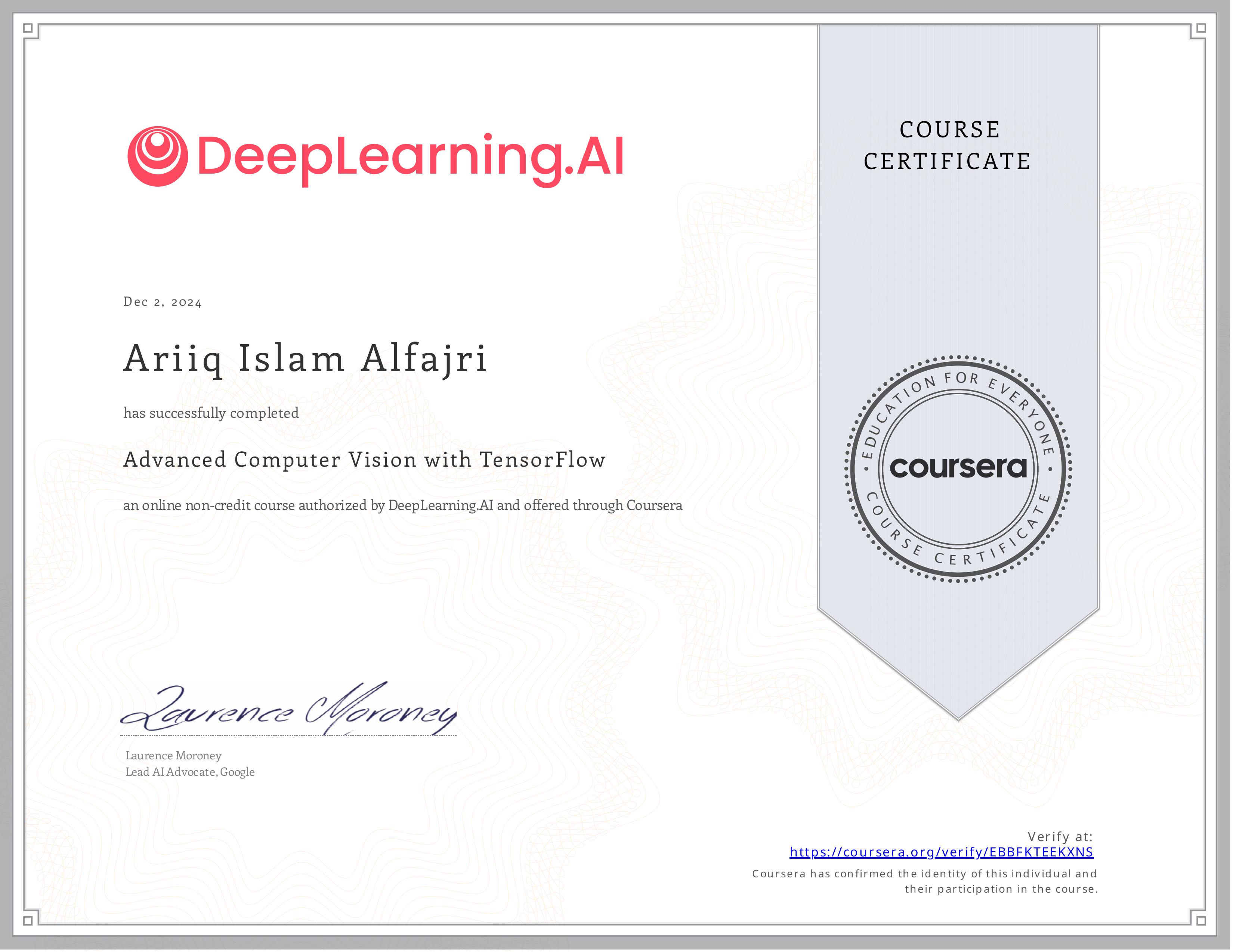 Sertifikat Advanced Computer Vision with TensorFlow &mdash; ganti dengan gambar sertifikat asli