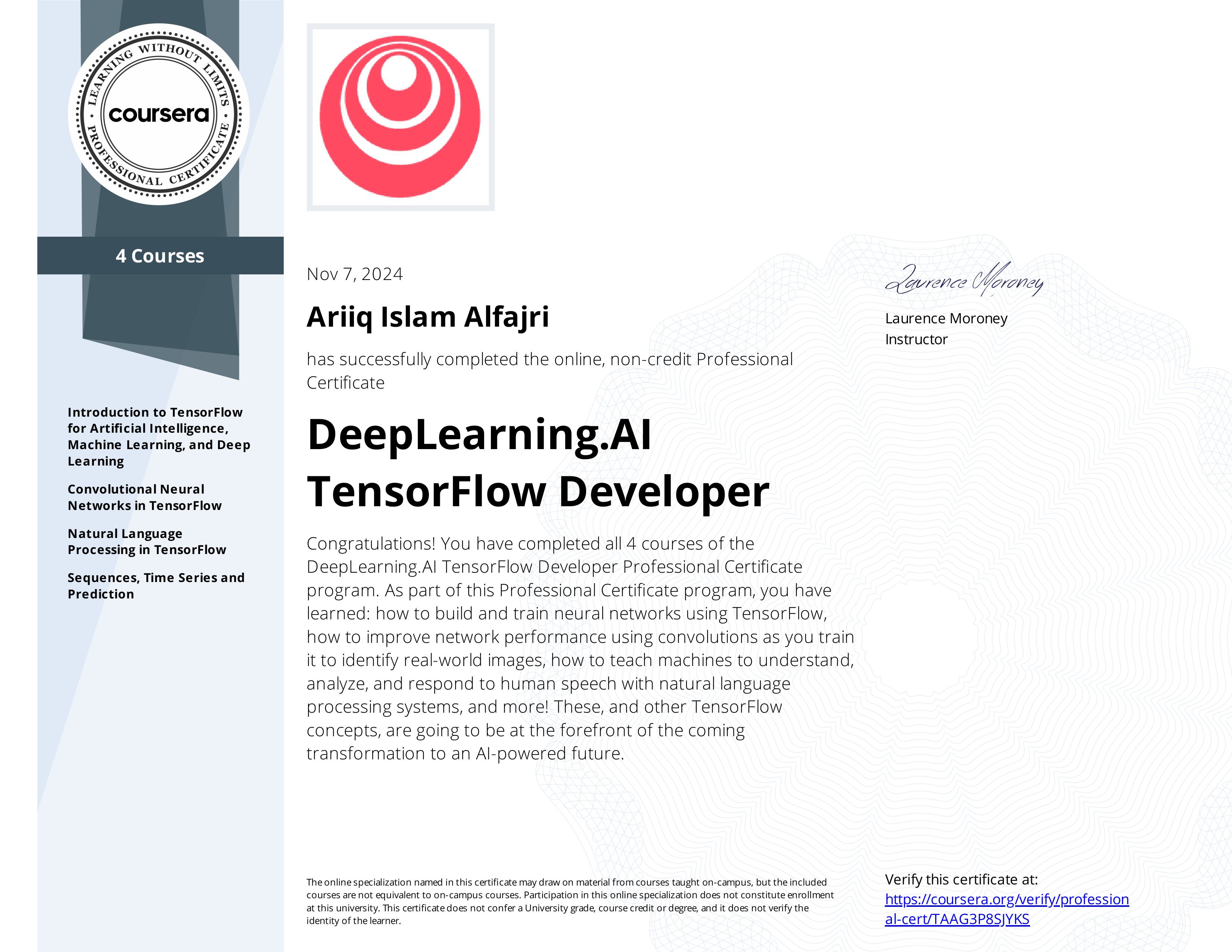 Sertifikat TensorFlow Developer &mdash; ganti dengan gambar sertifikat asli