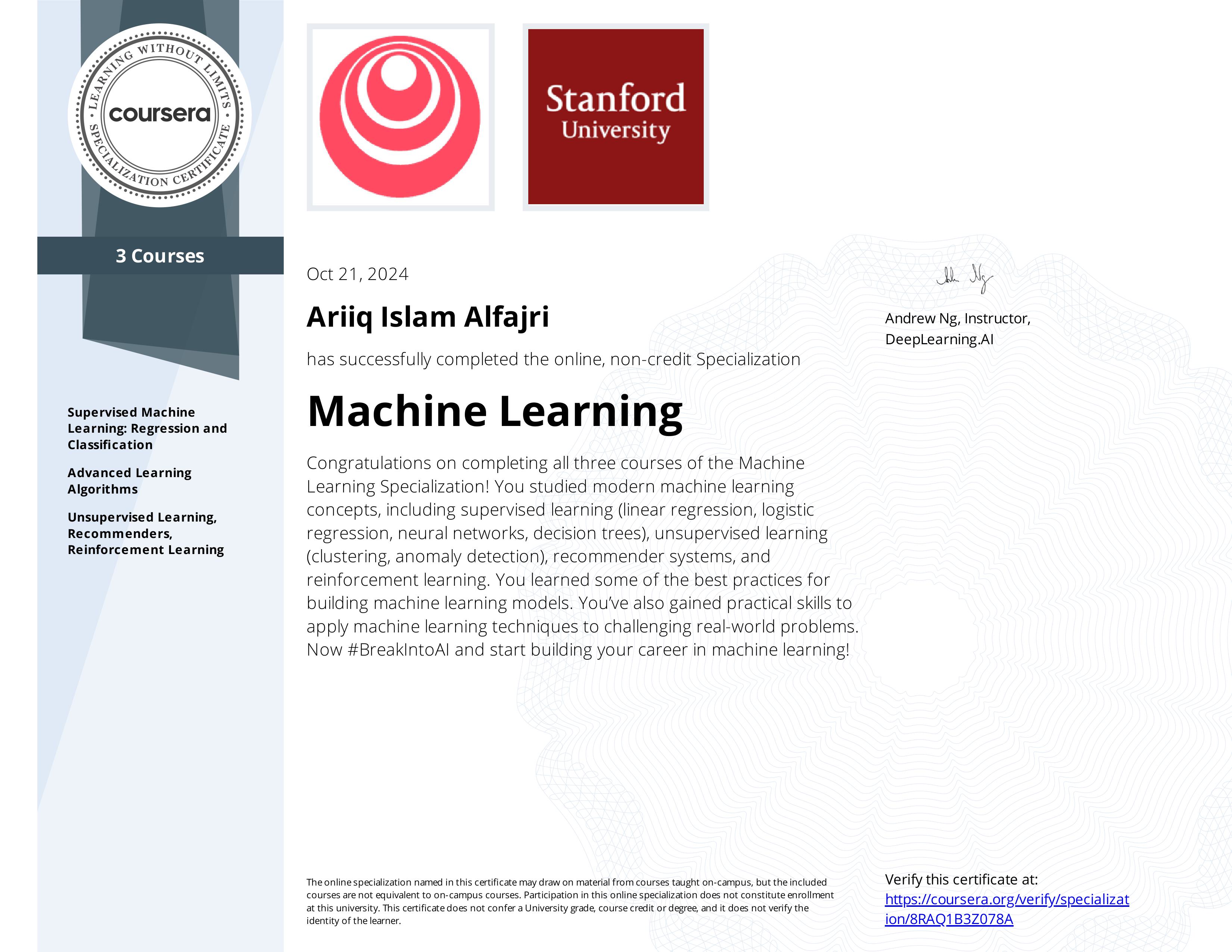 Sertifikat Machine Learning &mdash; ganti dengan gambar sertifikat asli