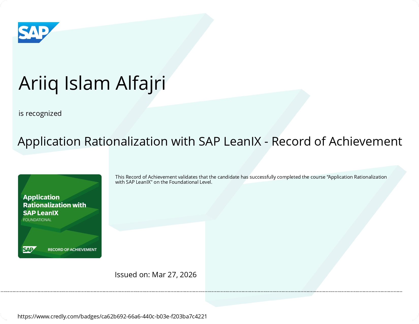 Sertifikat Application Rationalization with SAP LeanIX &mdash; ganti dengan gambar sertifikat asli