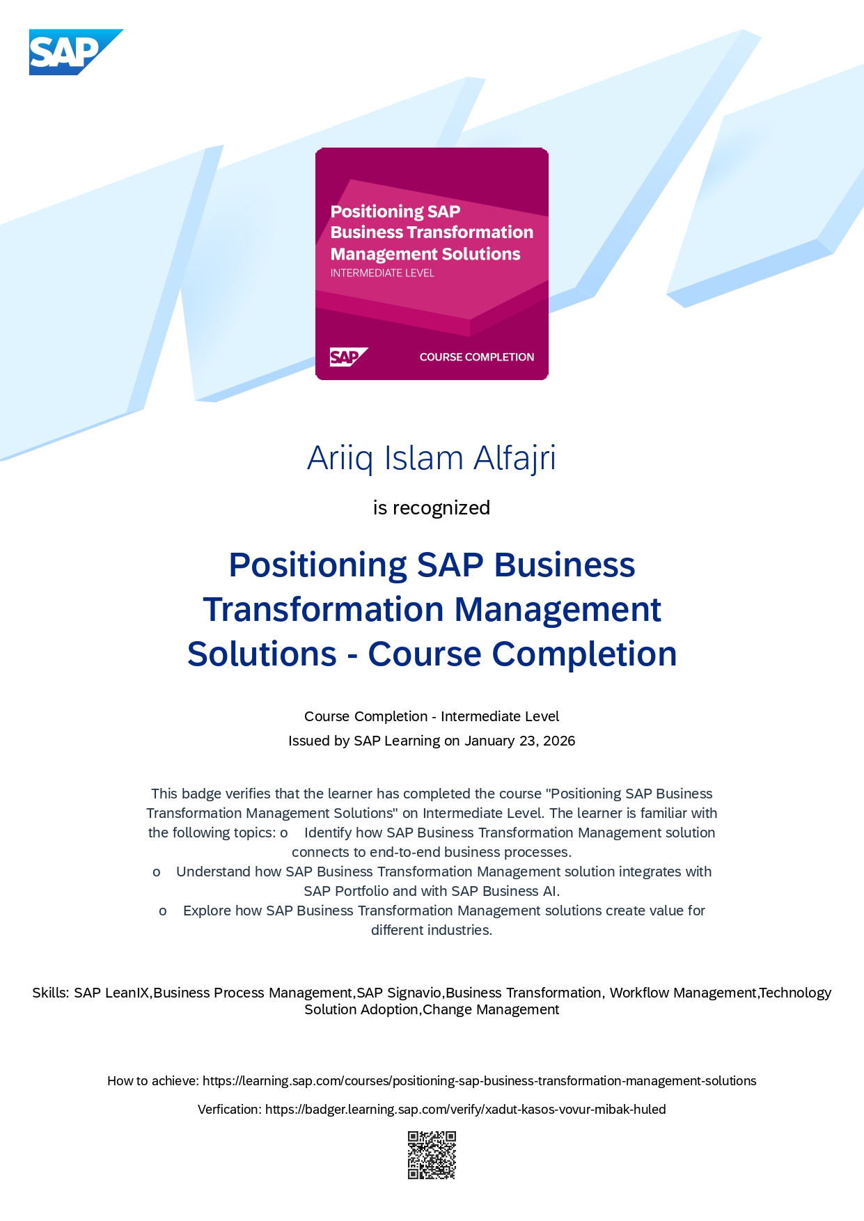 Sertifikat Positioning SAP Business Transformation Management Solutions &mdash; ganti dengan gambar sertifikat asli