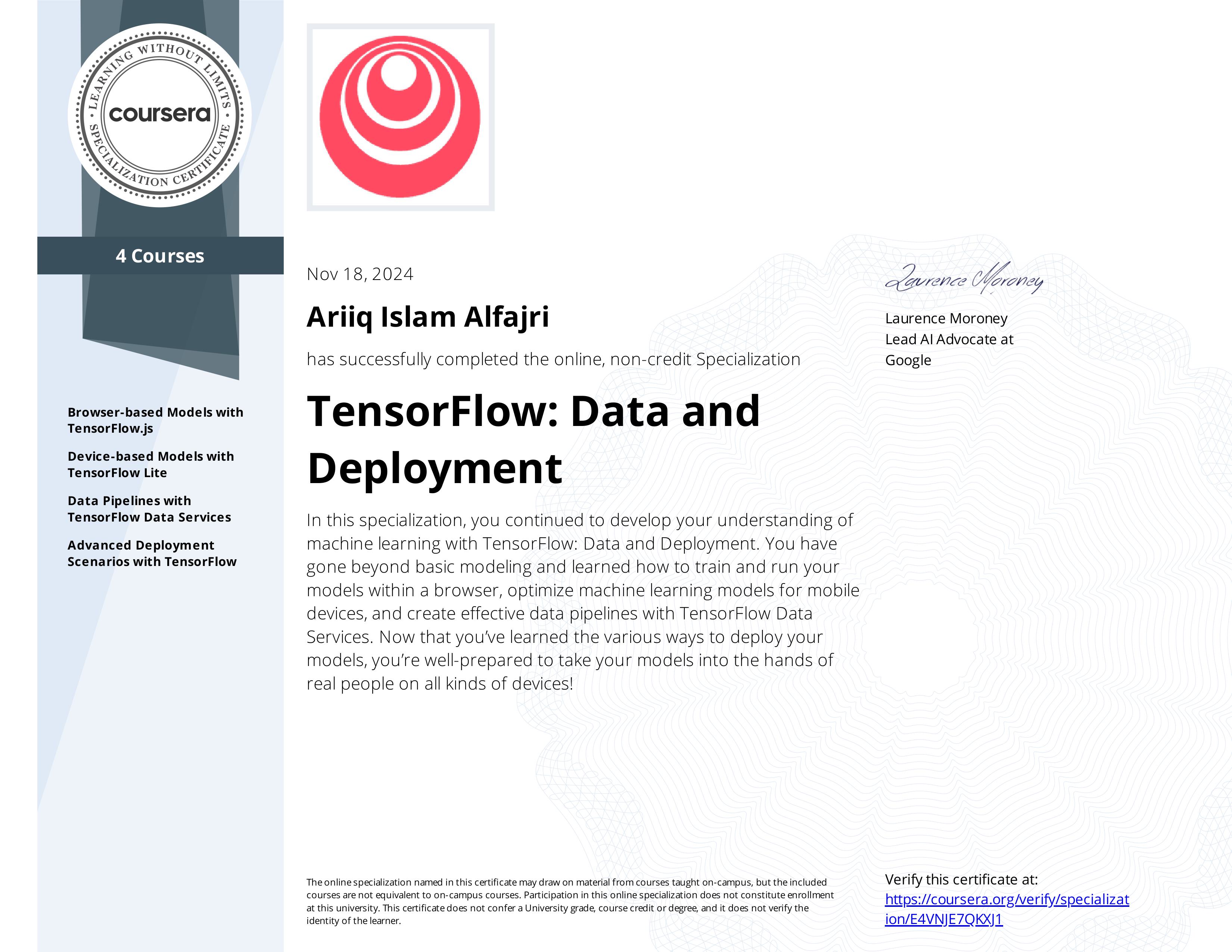 Sertifikat TensorFlow: Data and Deployment &mdash; ganti dengan gambar sertifikat asli